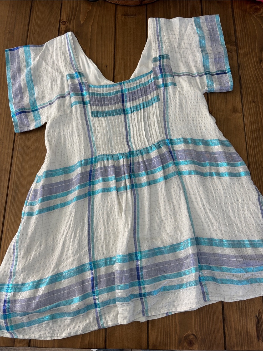 Free People White Mini Dress with Aqua and Lavender Stripe Accents